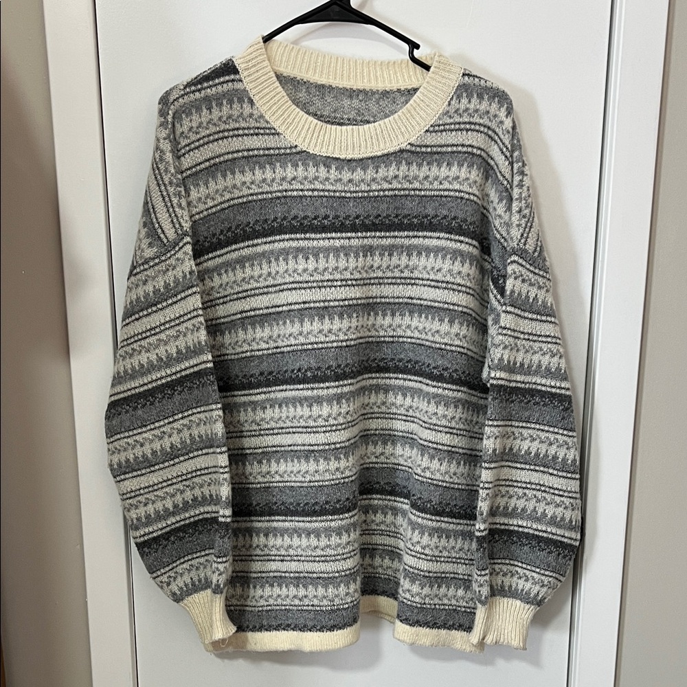 “Grandpa” Striped Sweater Unisex Cream & Gray Patterned Crewneck